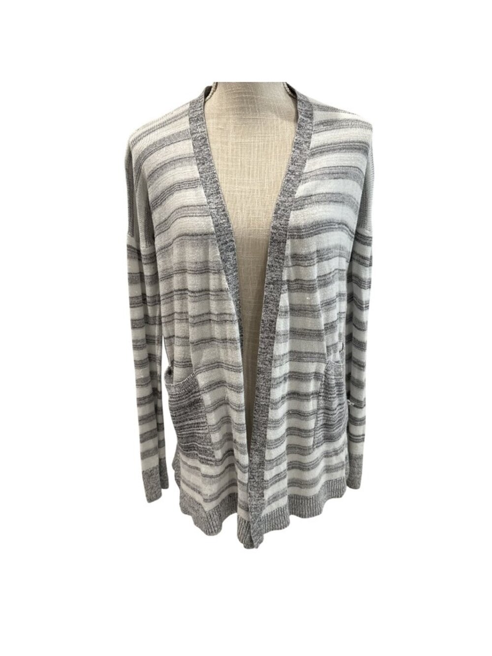 Calvin Klein Jeans Striped Open-Front Cardigan Sweater Gray & White M